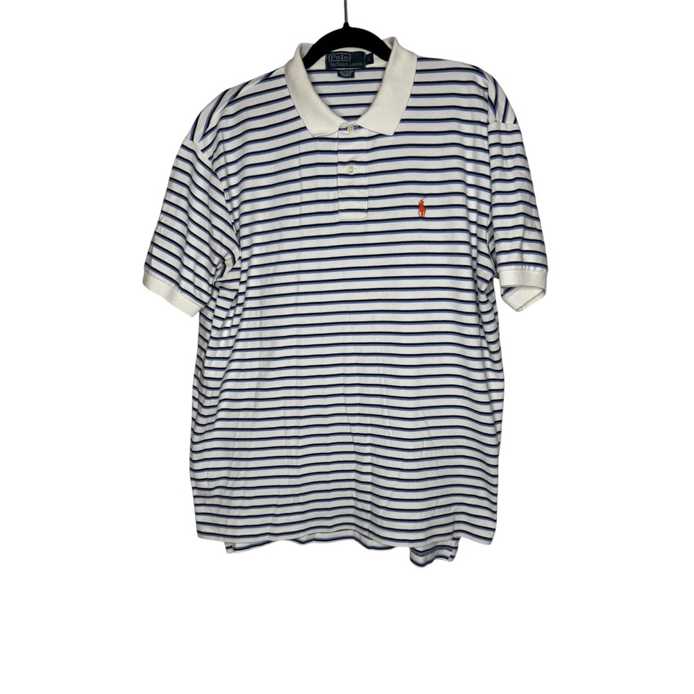 Polo Ralph Lauren Mens‎ Large White Blue Striped Short Sleeve Cotton Polo Shirt